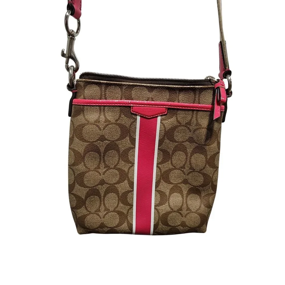 Coach Signature Stripe Crossbody Bag Brown Pink Canvas Leather Small
